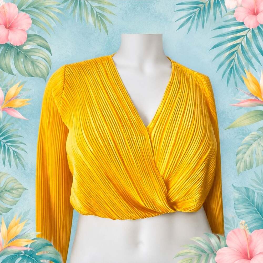 Julia by Love J Mustard Yellow Long Sleeve Pleated Wrap Crop Top